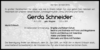 Traueranzeige von Gerda Schneider von Neustadt/ Scheinfeld/ Uffenheim