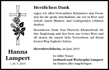 Traueranzeige von Hanna Lampert von Neustadt/ Scheinfeld/ Uffenheim