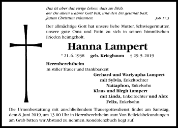 Traueranzeige von Hanna Lampert von Neustadt/ Scheinfeld/ Uffenheim