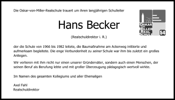 Traueranzeige von Hans Becker von Rothenburg