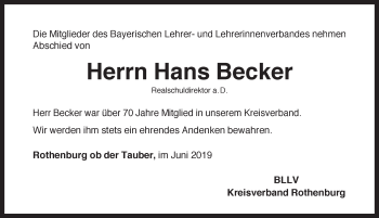 Traueranzeige von Hans Becker von Rothenburg