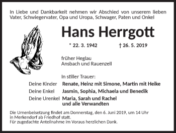 Traueranzeige von Hans Herrgott von Ansbach