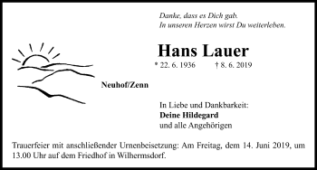 Traueranzeige von Hans Lauer von Neustadt/ Scheinfeld/ Uffenheim