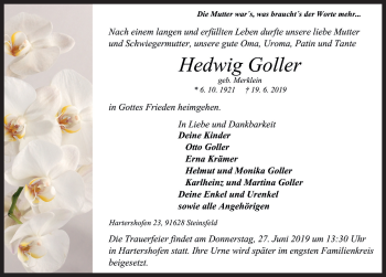 Traueranzeige von Hedwig Goller von Rothenburg