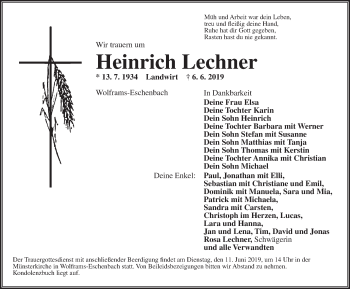 Traueranzeige von Heinrich Lechner von Ansbach