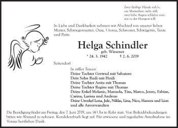 Traueranzeige von Helga Schindler von Ansbach