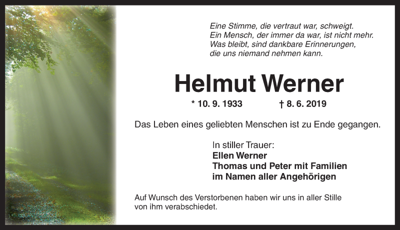  Traueranzeige für Helmut Werner vom 29.06.2019 aus Ansbach