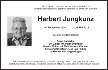 Traueranzeige von Herbert Jungkunz von Ansbach
