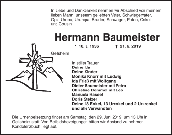 Traueranzeige von Hermann Baumeister von Dinkelsbühl/ Feuchtwangen