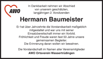 Traueranzeige von Hermann Baumeister von Dinkelsbühl/ Feuchtwangen