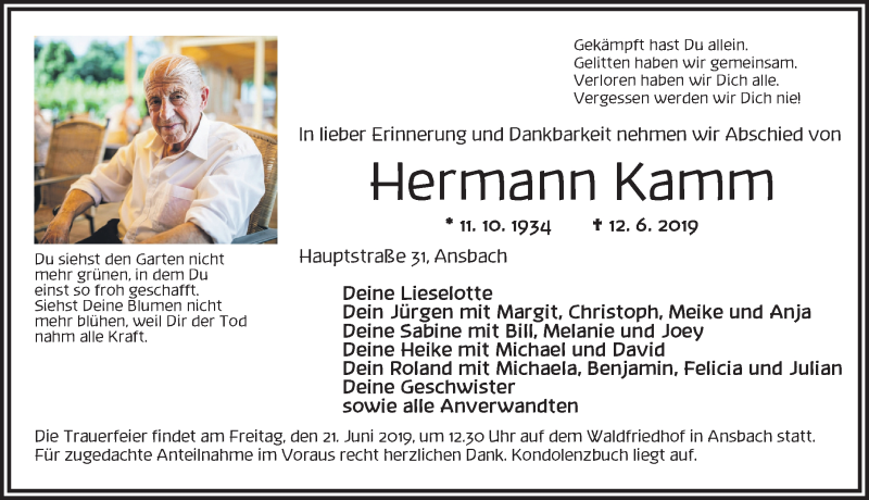  Traueranzeige für Hermann Kamm vom 18.06.2019 aus Ansbach