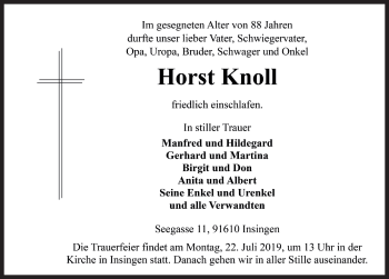 Traueranzeige von Horst Knoll von Rothenburg