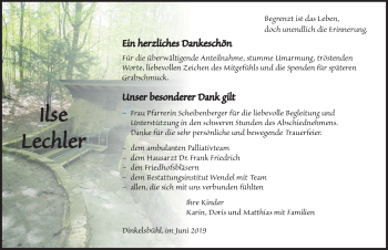 Traueranzeige von Ilse Lechler von Dinkelsbühl/ Feuchtwangen