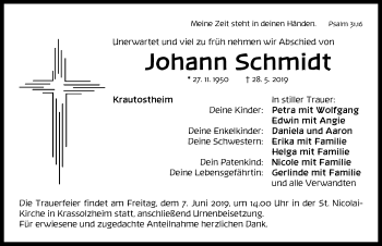 Traueranzeige von Johann Schmidt von Neustadt/ Scheinfeld/ Uffenheim