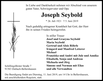 Traueranzeige von Joseph Seybold von Rothenburg