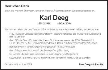Traueranzeige von Karl Deeg von Dinkelsbühl/ Feuchtwangen