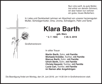 Traueranzeige von Klara Barth von Dinkelsbühl/ Feuchtwangen