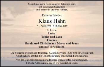Traueranzeige von Klaus Hahn von Rothenburg
