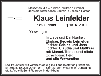 Traueranzeige von Klaus Leinfelder von Dinkelsbühl/ Feuchtwangen