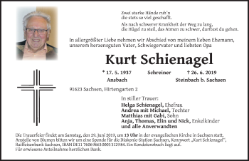 Traueranzeige von Kurt Schienagel von Ansbach