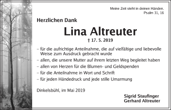 Traueranzeige von Lina Altreuter von Dinkelsbühl/ Feuchtwangen