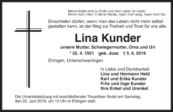 Traueranzeige von Lina Kunder von Dinkelsbühl/ Feuchtwangen