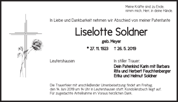 Traueranzeige von Liselotte Soldner von Ansbach