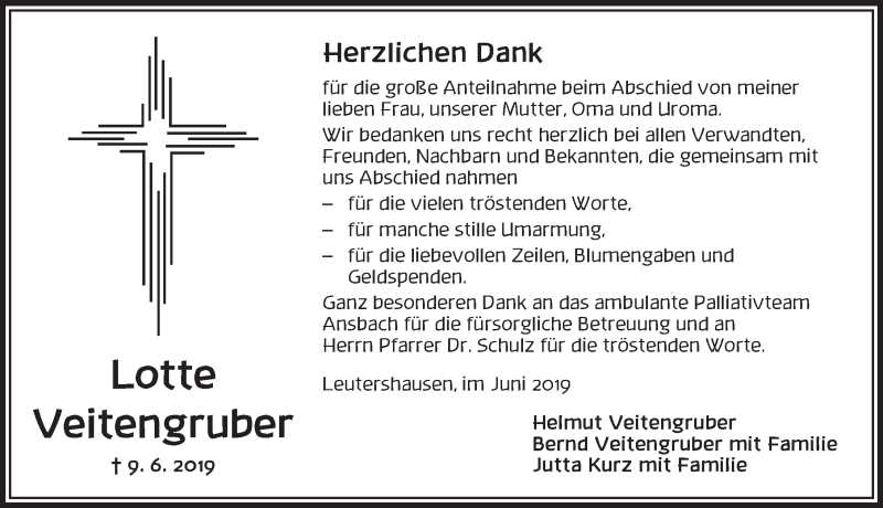  Traueranzeige für Lotte Veitengruber vom 29.06.2019 aus Ansbach
