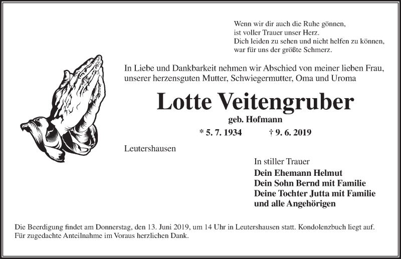  Traueranzeige für Lotte Veitengruber vom 12.06.2019 aus Ansbach