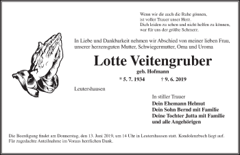 Traueranzeige von Lotte Veitengruber von Ansbach