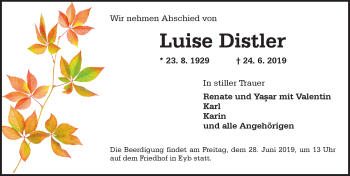 Traueranzeige von Luise Distler von Ansbach