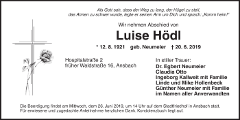 Traueranzeige von Luise Hödl von Ansbach