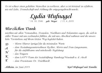 Traueranzeige von Lydia Hufnagel von Neustadt/ Scheinfeld/ Uffenheim