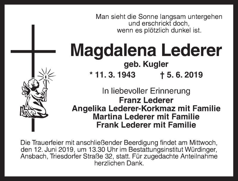  Traueranzeige für Magdalena Lederer vom 08.06.2019 aus Ansbach