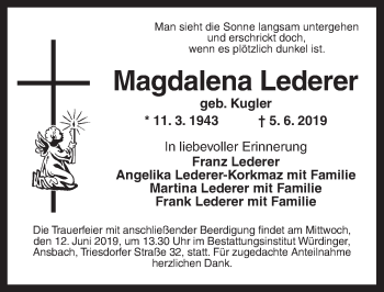 Traueranzeige von Magdalena Lederer von Ansbach