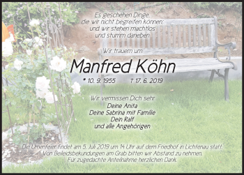 Traueranzeige von Manfred Köhn von Ansbach