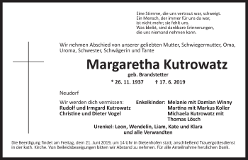 Traueranzeige von Margaretha Kutrowatz von Ansbach