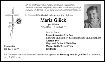 Traueranzeige von Maria Glück von Neustadt/ Scheinfeld/ Uffenheim