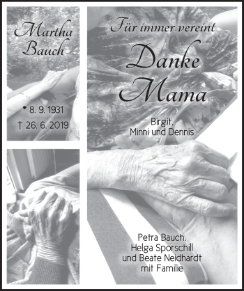 Traueranzeige von Martha Bauch von Ansbach