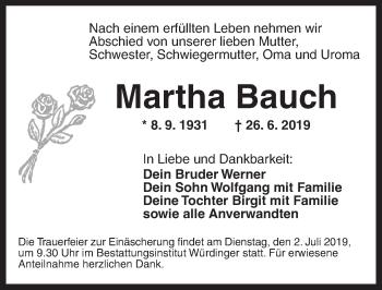 Traueranzeige von Martha Bauch von Ansbach