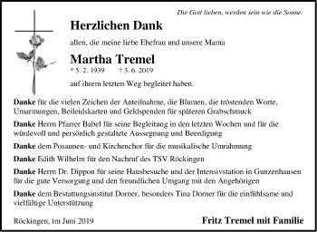 Traueranzeige von Martha Tremel von Dinkelsbühl/ Feuchtwangen