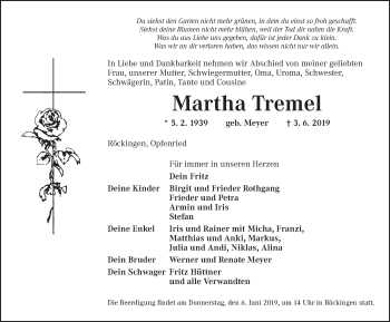 Traueranzeige von Martha Tremel von Dinkelsbühl/ Feuchtwangen