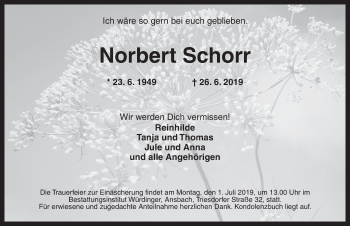 Traueranzeige von Norbert Schorr von Ansbach