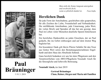 Traueranzeige von Paul Bräuninger von Neustadt/ Scheinfeld/ Uffenheim