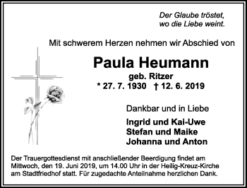 Traueranzeige von Paula Heumann von Ansbach