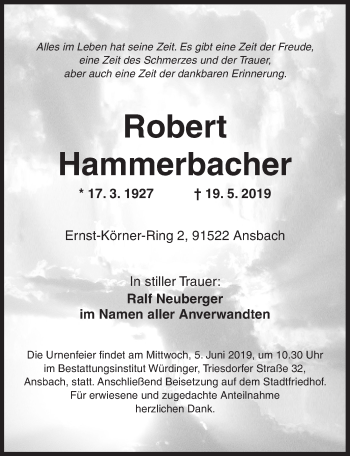 Traueranzeige von Robert Hammerbacher von Ansbach