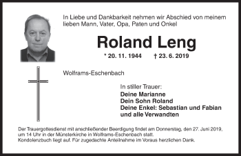 Traueranzeige von Roland Leng von Ansbach