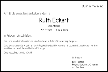 Traueranzeige von Ruth Eckart von Neustadt/ Scheinfeld/ Uffenheim