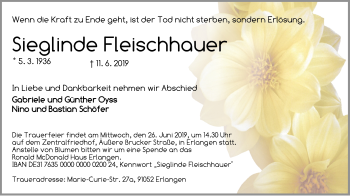 Traueranzeige von Sieglinde Fleischhauer von Ansbach