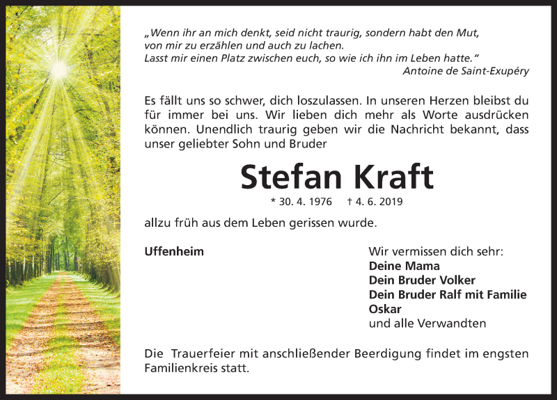  Traueranzeige für Stefan Kraft vom 07.06.2019 aus Neustadt/ Scheinfeld/ Uffenheim
